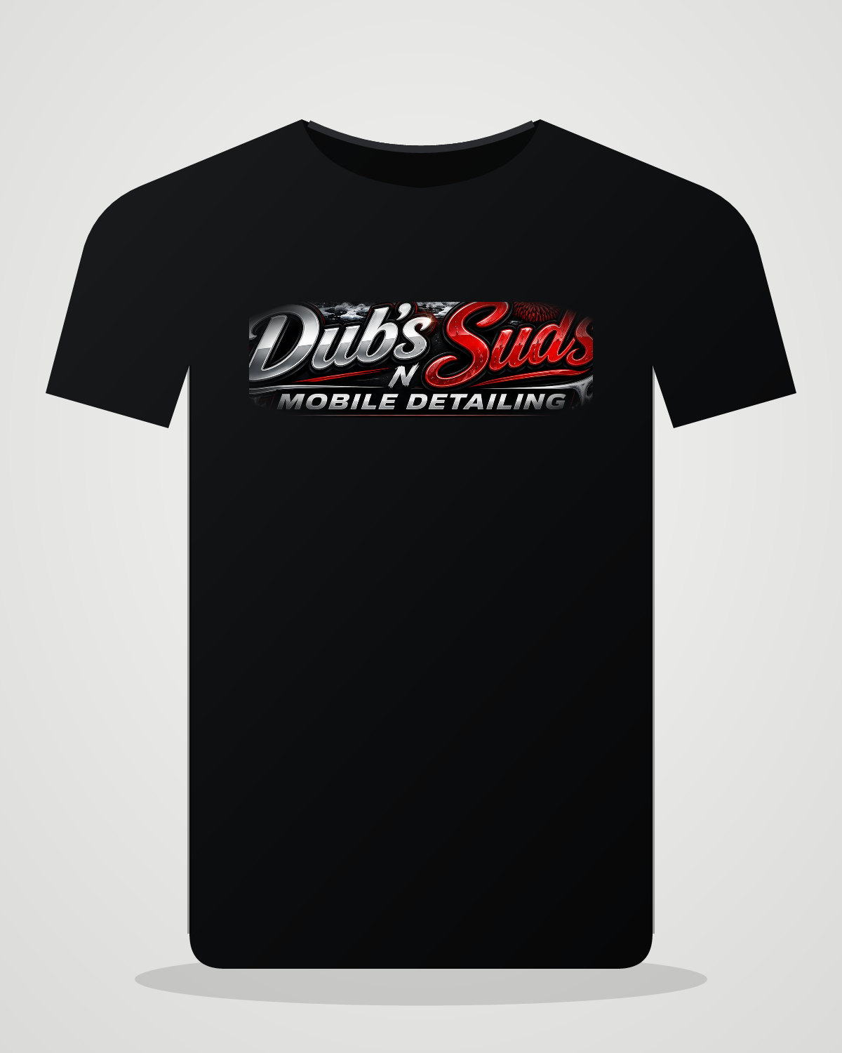 Black Dub's N Suds t-shirt with the chrome and red Dub's N Suds Mobile Detailing wordmark across the chest