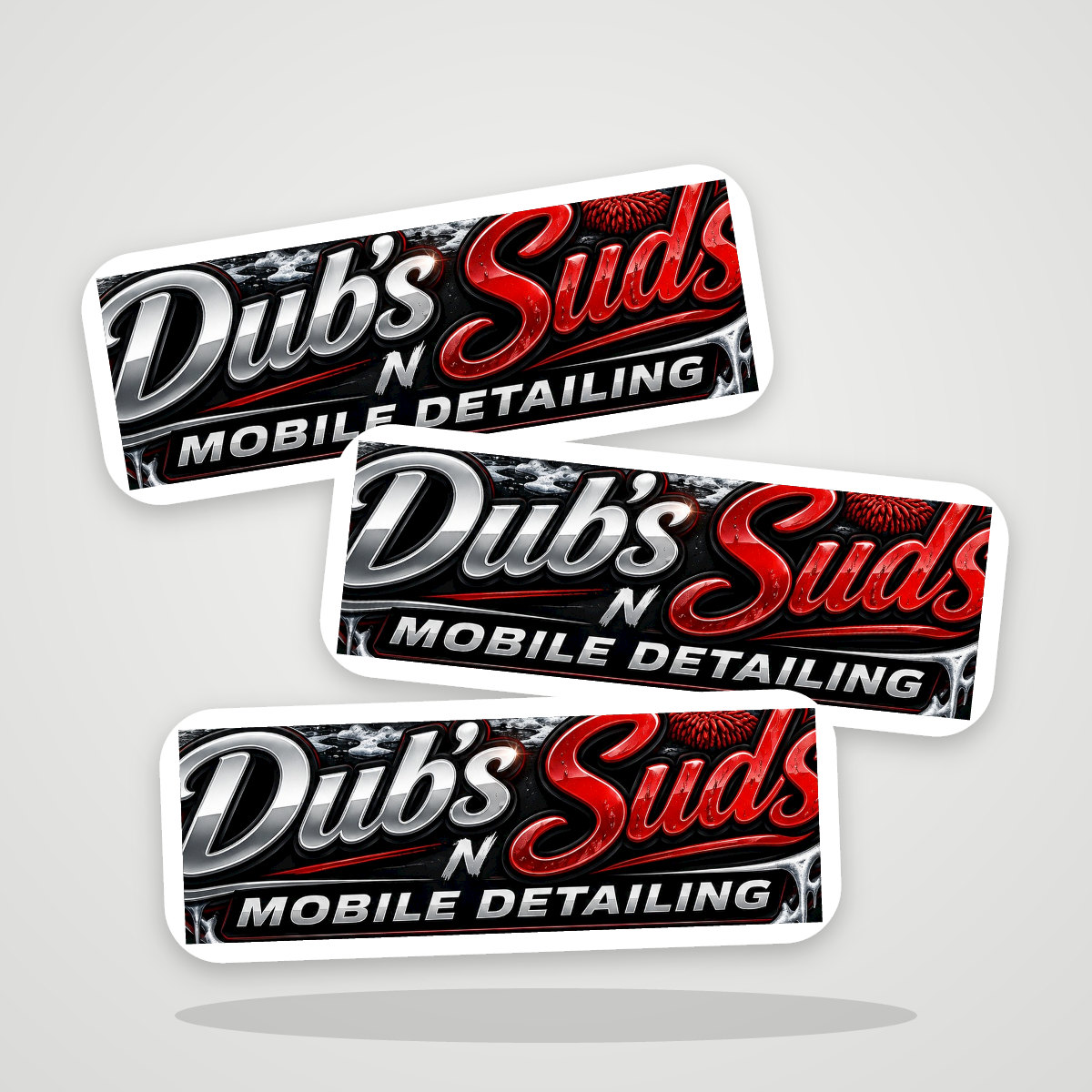 Three Dub's N Suds die-cut stickers fanned out